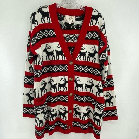 V28 Sz Medium Ugly Christmas Reindeer Cardigan Sweater - Picture 1 of 7